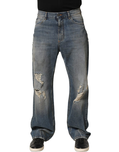 Dolce & Gabbana Blue Cotton Distressed Straight Denim Jeans