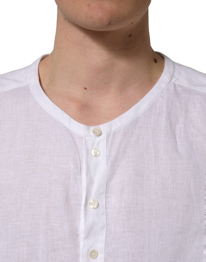 Dolce & Gabbana White Linen Logo Long Sleeves Casual Shirt