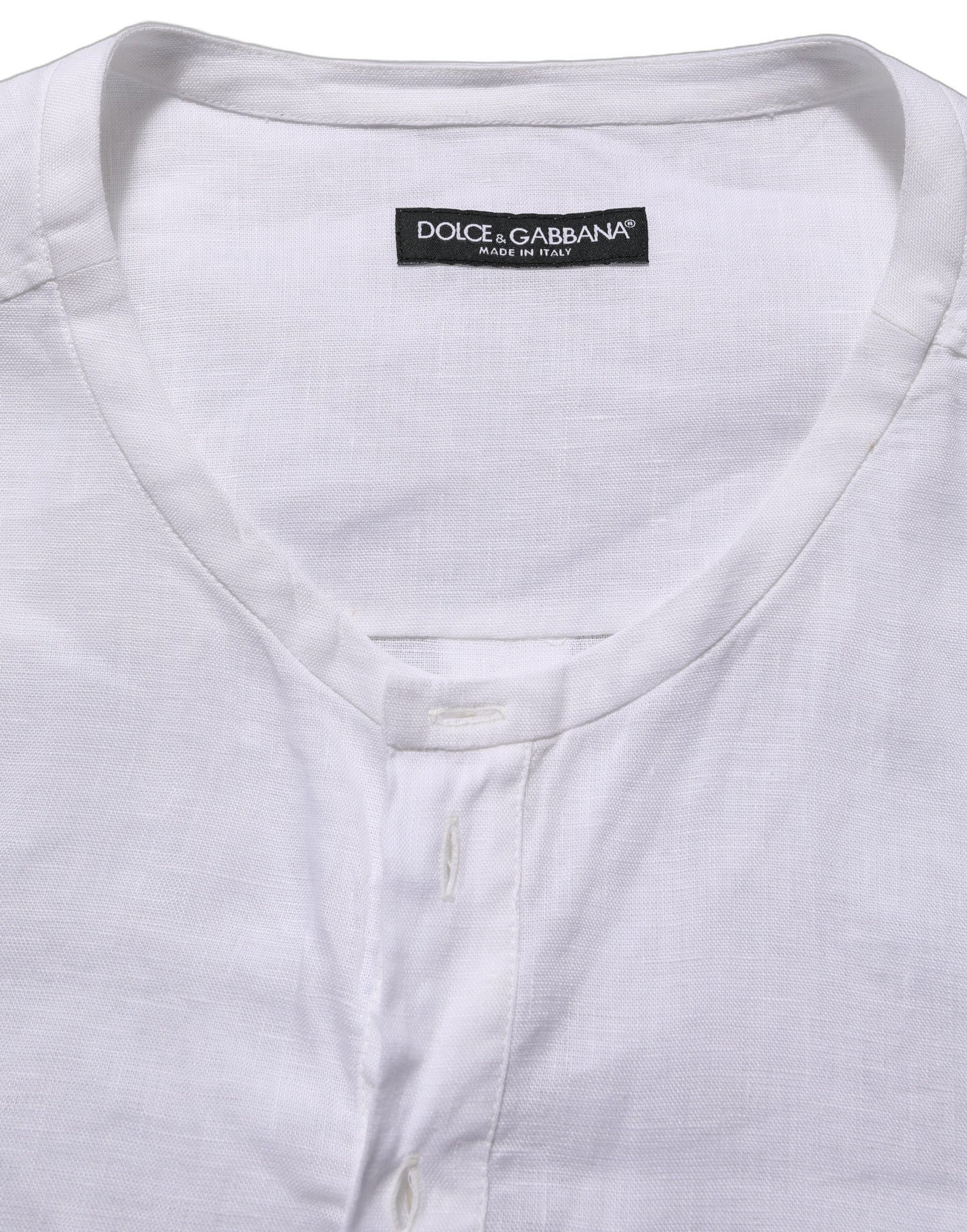 Dolce & Gabbana White Linen Logo Long Sleeves Casual Shirt