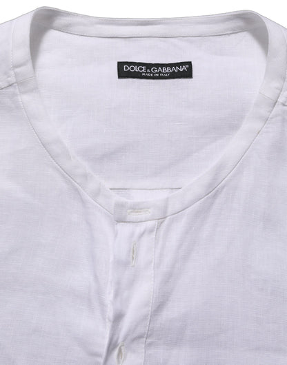 Dolce & Gabbana White Linen Logo Long Sleeves Casual Shirt
