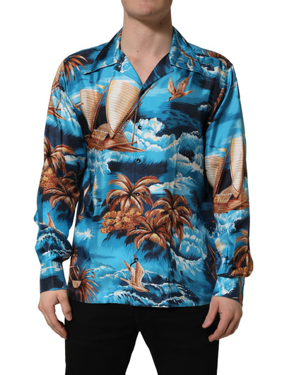 Dolce & Gabbana Blue Silk Twill Hawaiian Print Shirt