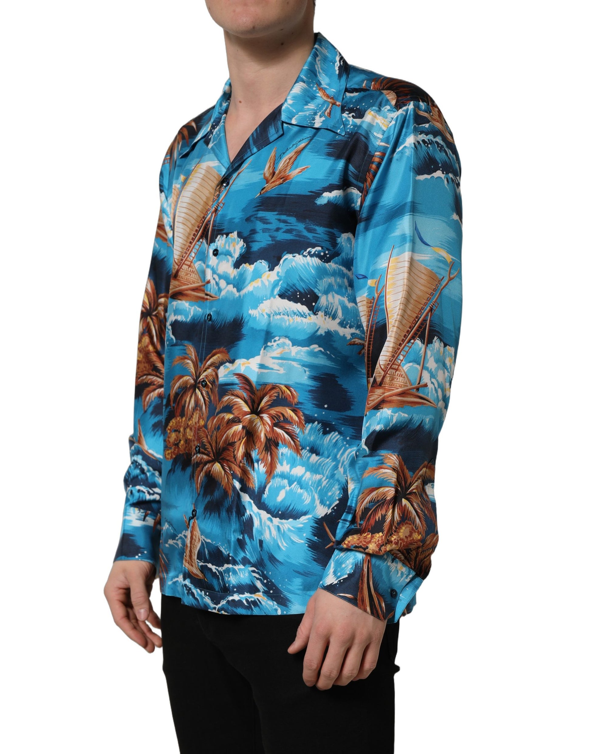 Dolce & Gabbana Blue Silk Twill Hawaiian Print Shirt
