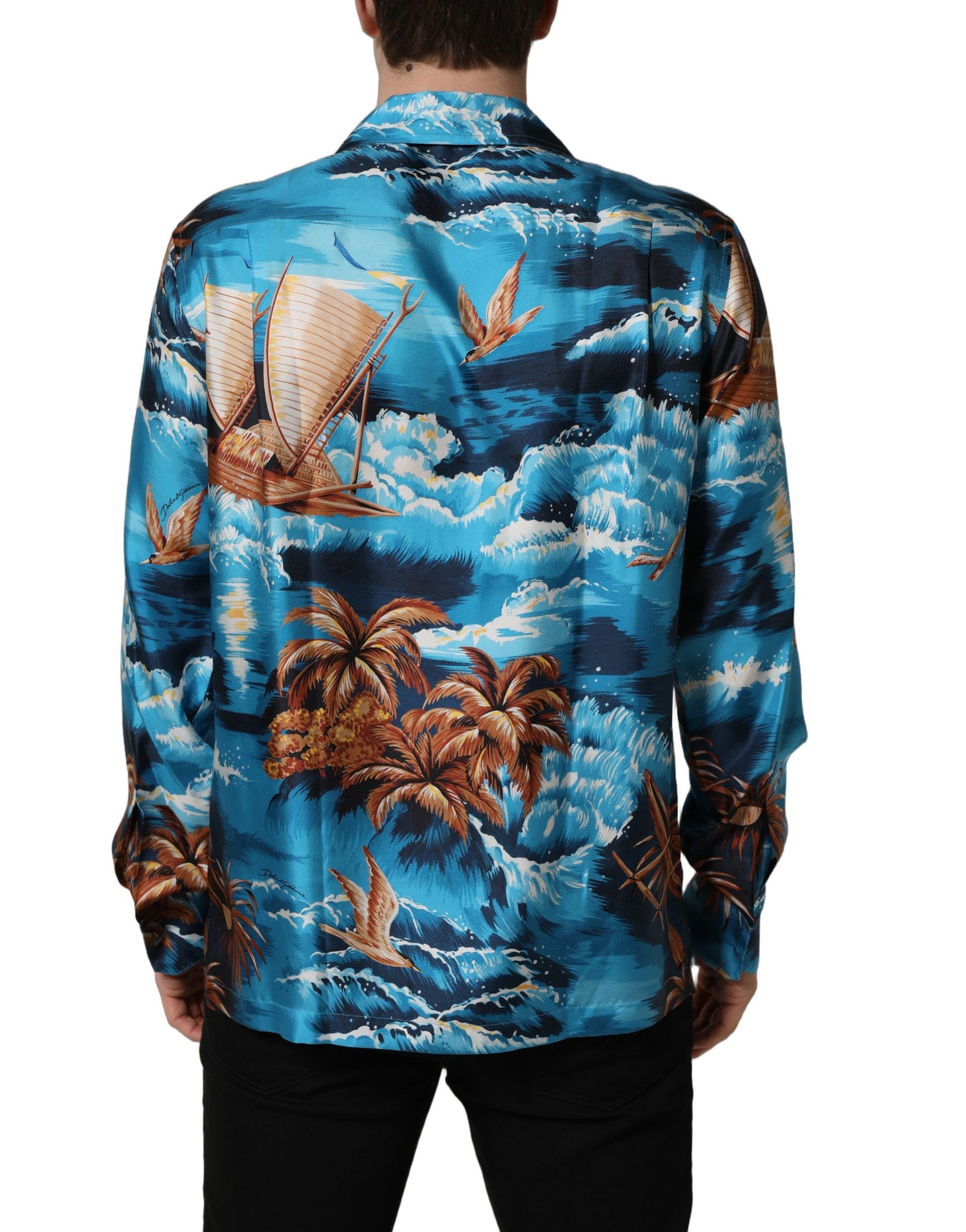 Dolce & Gabbana Blue Silk Twill Hawaiian Print Shirt