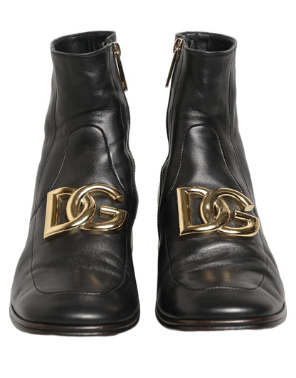 Dolce & Gabbana Black Leather DG Logo Plaque Shorts Ankle Boots Shoes
