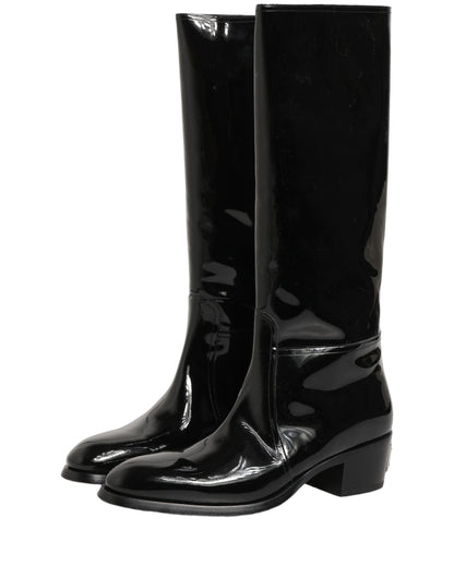 Dolce & Gabbana Black Leather Knee High Heels Boots