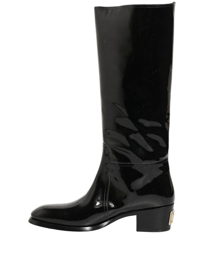 Dolce & Gabbana Black Leather Knee High Heels Boots