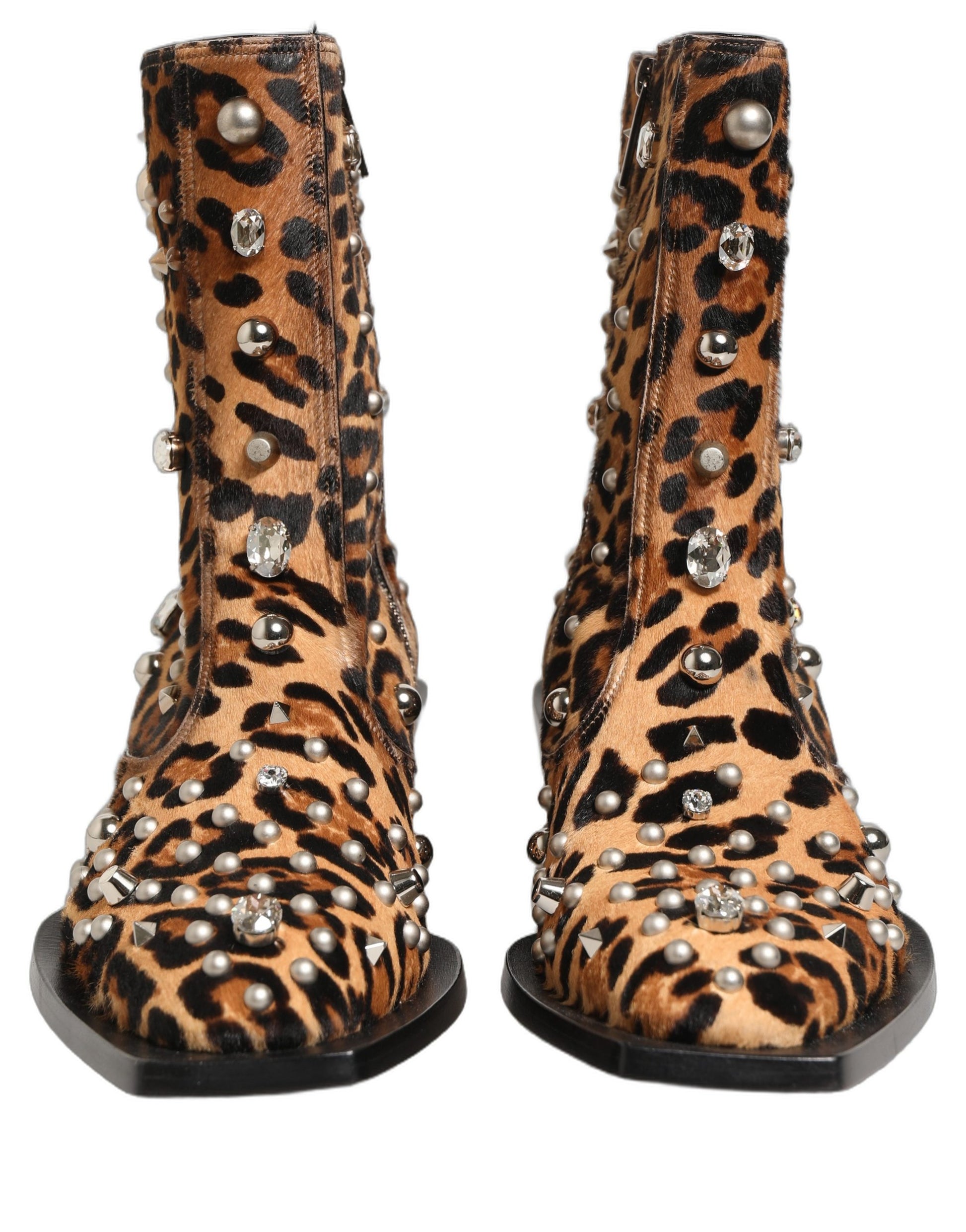 Dolce & Gabbana Brown Leopard Embellished Mid Calf Boots