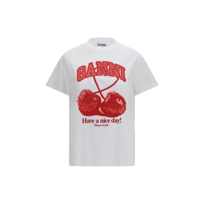 Ganni White Have a Nice Day Cherry T-shirt Cotton