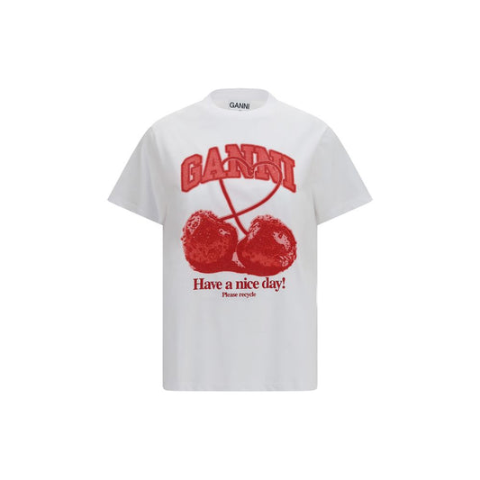 Ganni White Have a Nice Day Cherry T-shirt Cotton