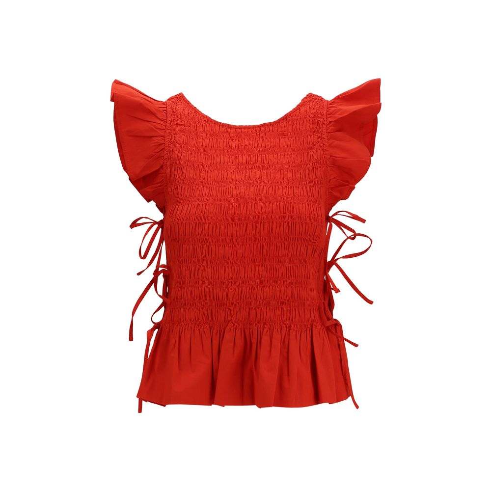 Ganni Red Ruched Cotton Blouse