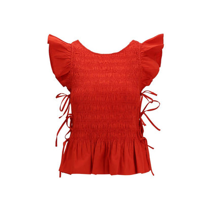 Ganni Red Ruched Cotton Blouse