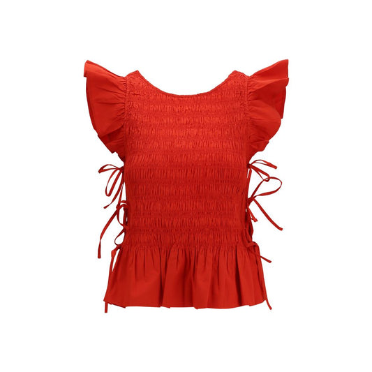 Ganni Red Ruched Cotton Blouse