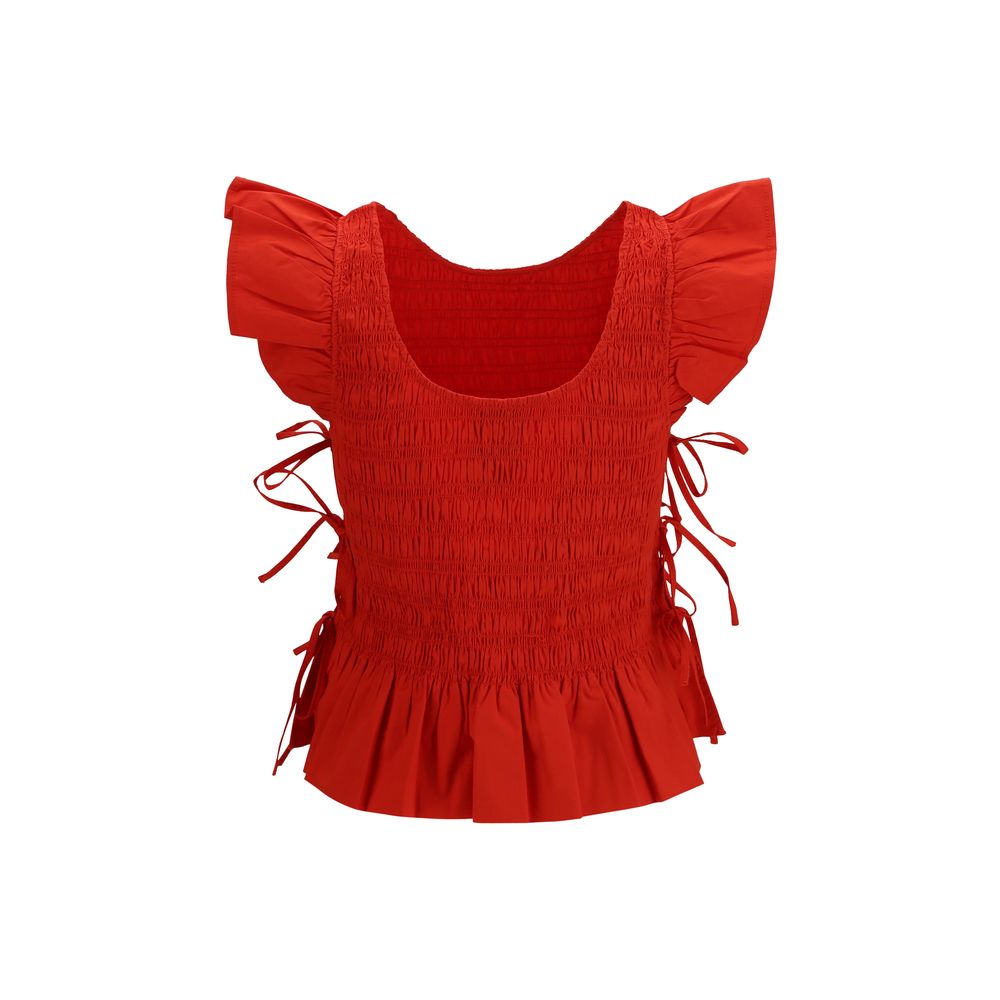 Ganni Red Ruched Cotton Blouse