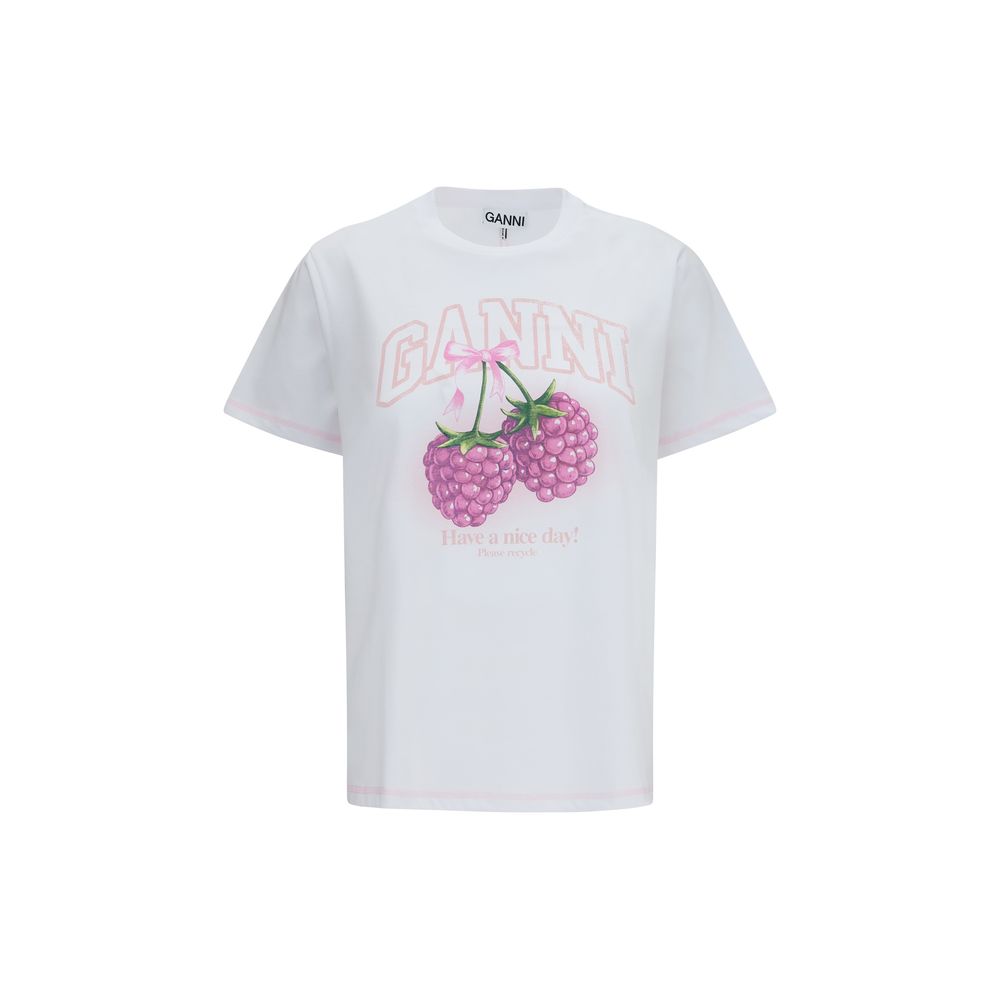 Ganni White Cotton Pink Raspberries Have a Nice Day T-Shirt