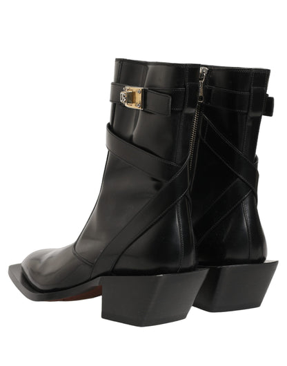 Dolce & Gabbana Black Leather DG Plaque Mid Calf Boots
