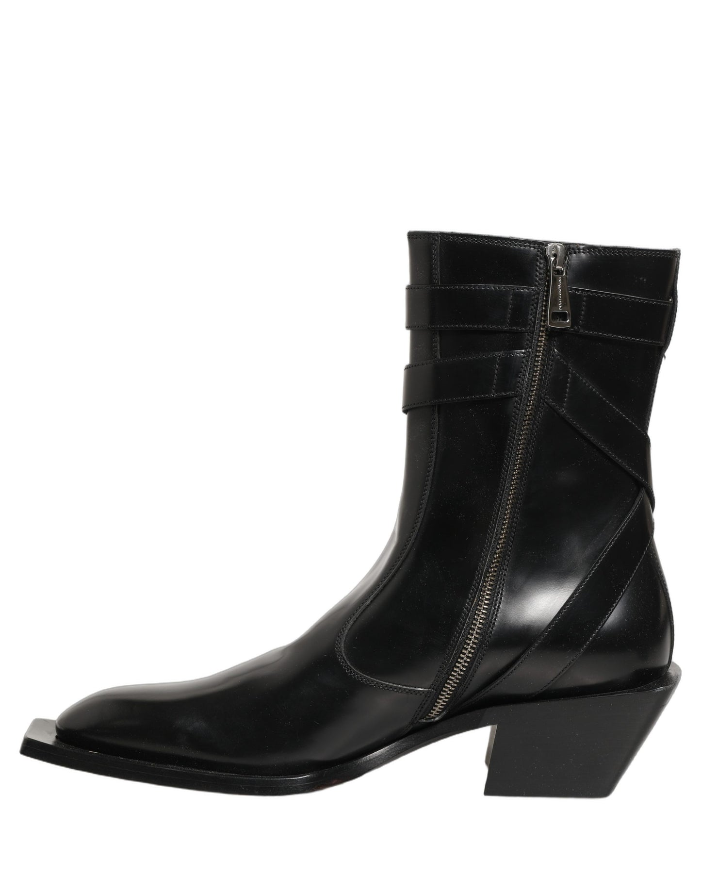 Dolce & Gabbana Black Leather DG Plaque Mid Calf Boots