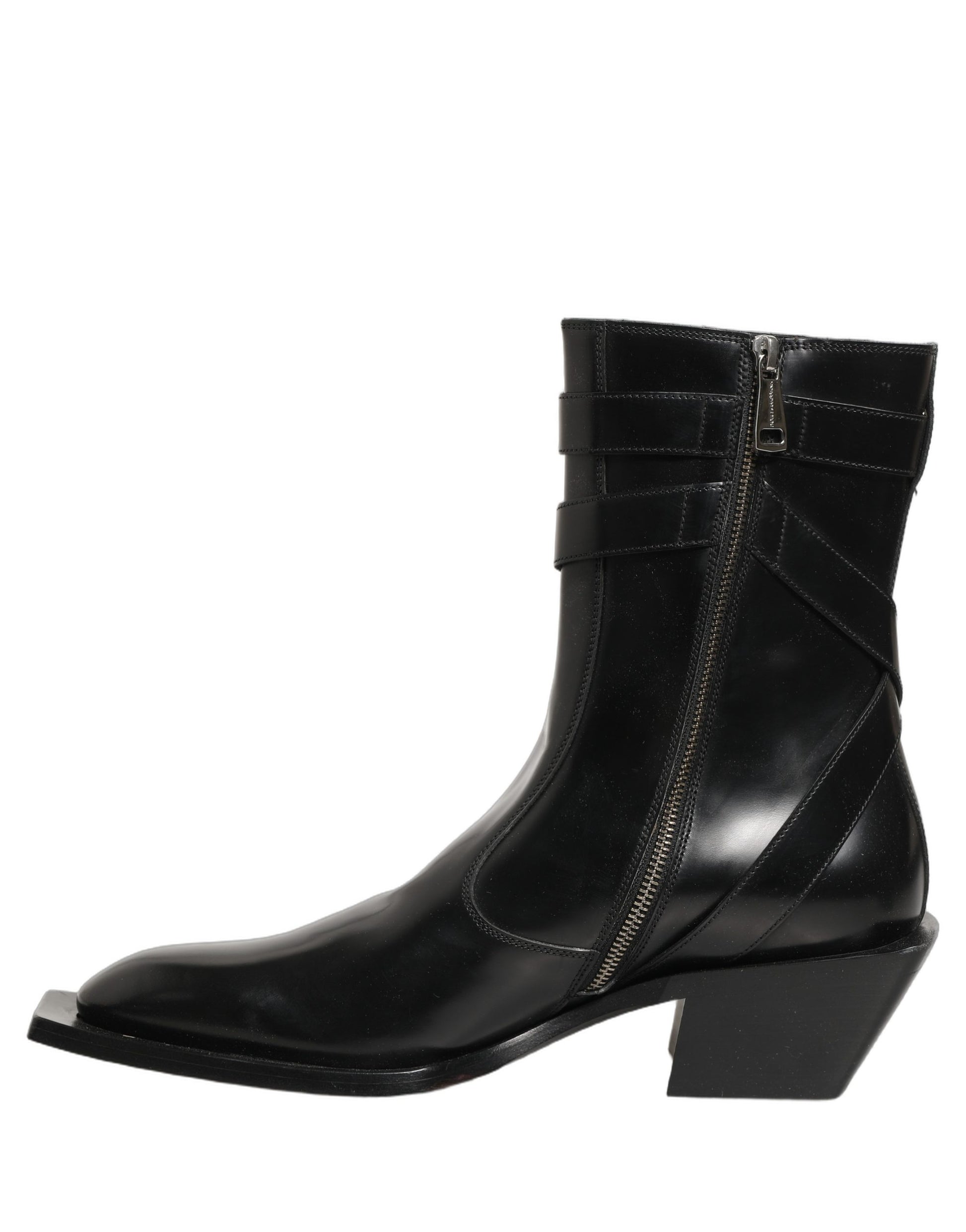 Dolce & Gabbana Black Leather DG Plaque Mid Calf Boots