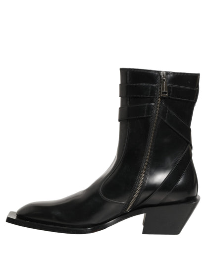 Dolce & Gabbana Black Leather DG Plaque Mid Calf Boots