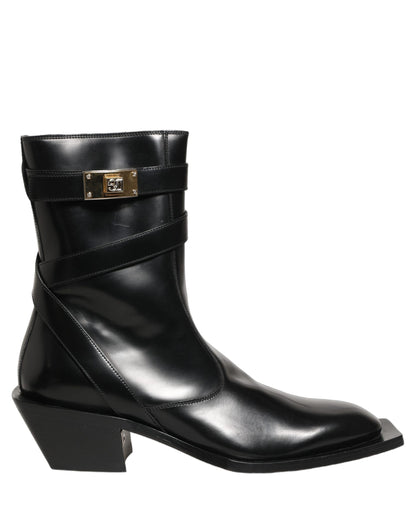 Dolce & Gabbana Black Leather DG Plaque Mid Calf Boots