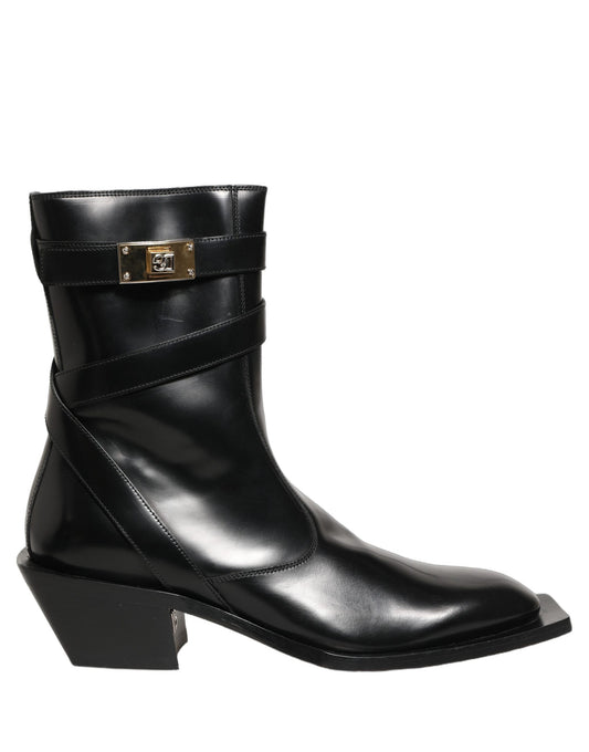 Dolce & Gabbana Black Leather DG Plaque Mid Calf Boots