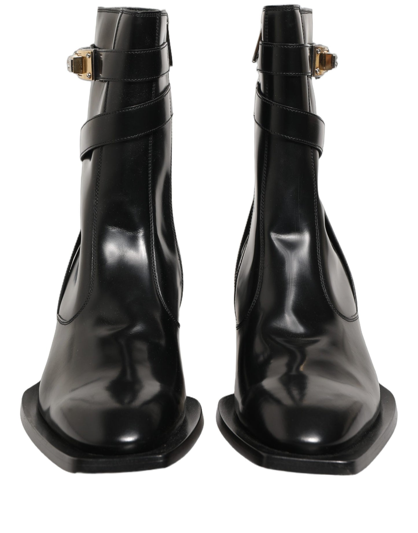 Dolce & Gabbana Black Leather DG Plaque Mid Calf Boots