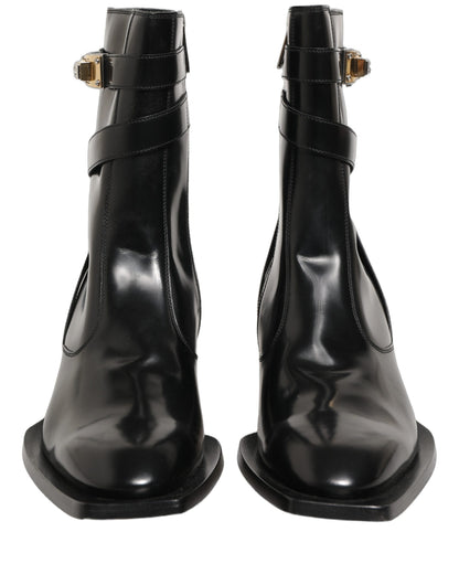 Dolce & Gabbana Black Leather DG Plaque Mid Calf Boots