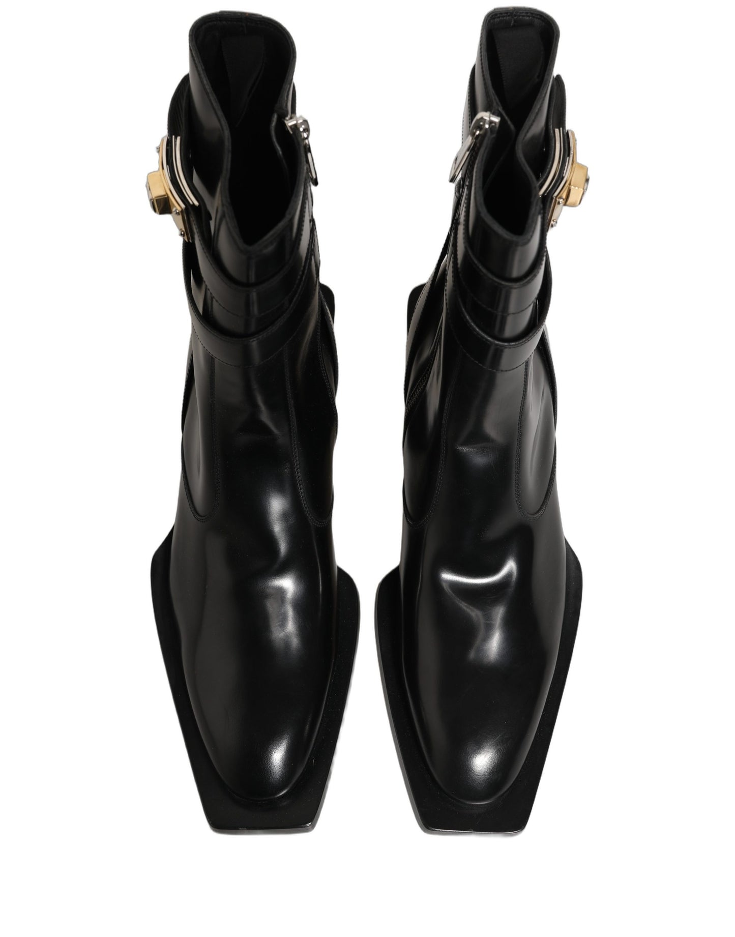Dolce & Gabbana Black Leather DG Plaque Mid Calf Boots