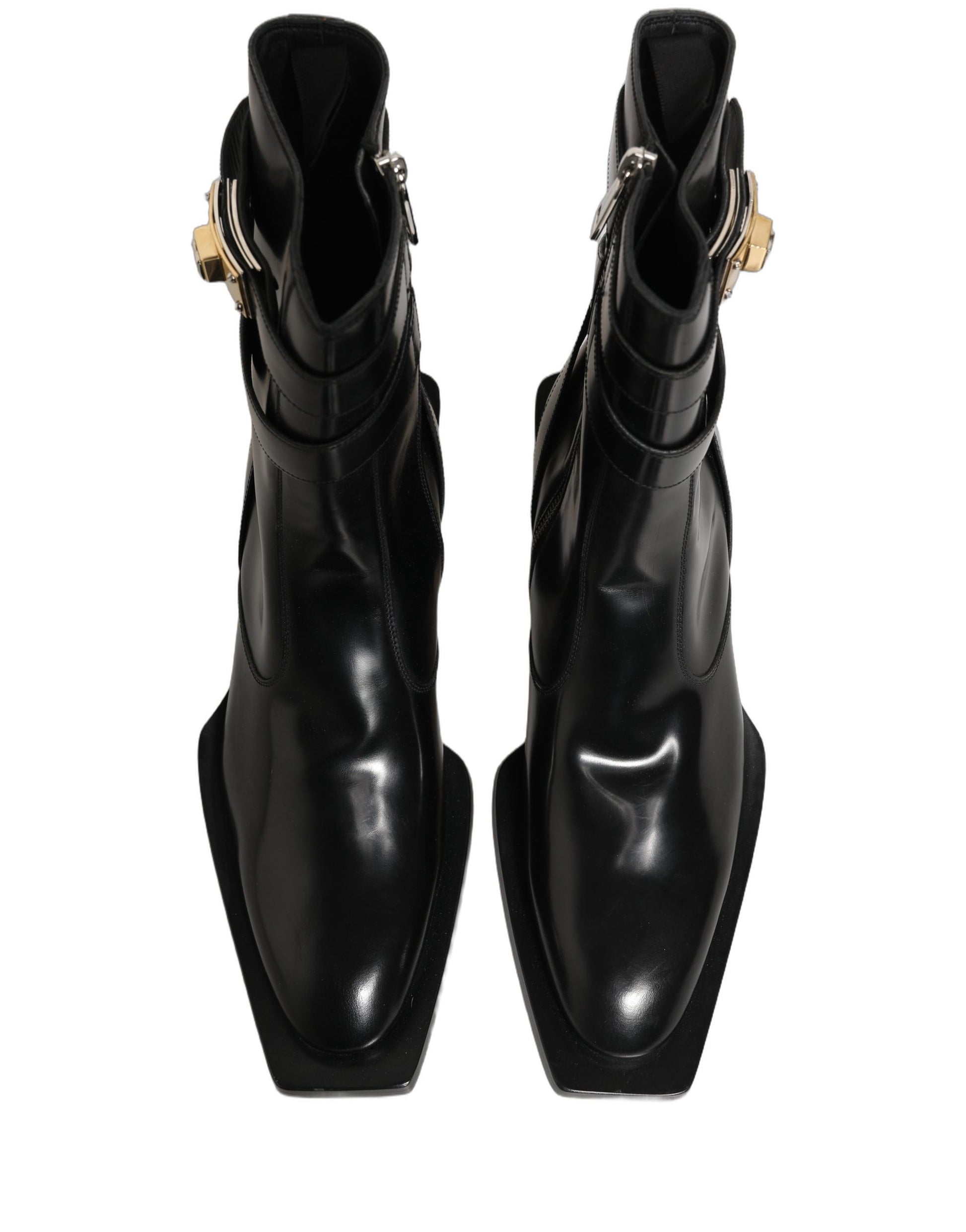 Dolce & Gabbana Black Leather DG Plaque Mid Calf Boots
