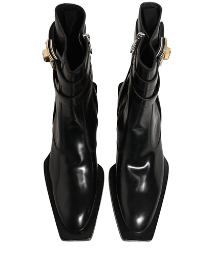 Dolce & Gabbana Black Leather DG Plaque Mid Calf Boots