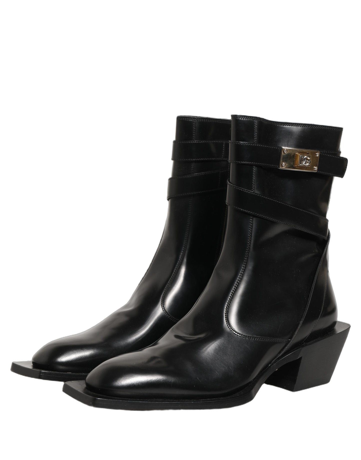 Dolce & Gabbana Black Leather DG Plaque Mid Calf Boots