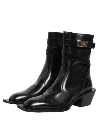 Dolce & Gabbana Black Leather DG Plaque Mid Calf Boots