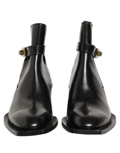 Dolce & Gabbana Black Leather DG Plaque Ankle Boots