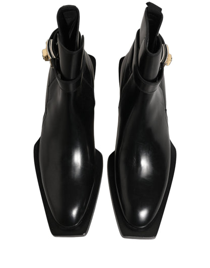 Dolce & Gabbana Black Leather DG Plaque Ankle Boots