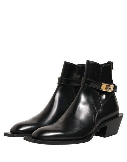 Dolce & Gabbana Black Leather DG Plaque Ankle Boots