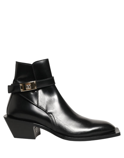 Dolce & Gabbana Black Leather DG Plaque Ankle Boots