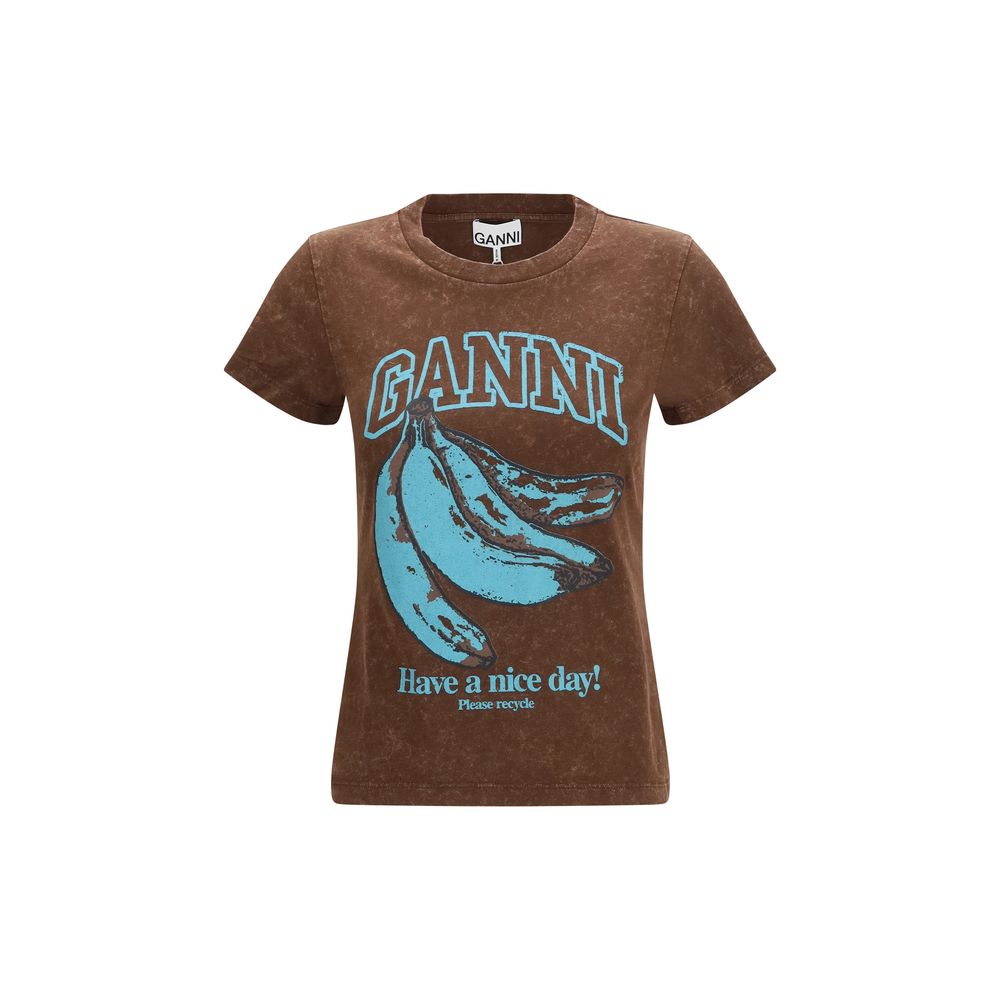 Ganni Brown Cotton Blue Banana Have a Nice Day T-Shirt