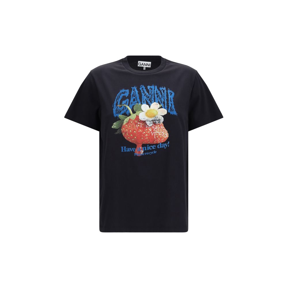 Ganni Black Cotton Strawberry & Egg Have a Nice Day T-Shirt