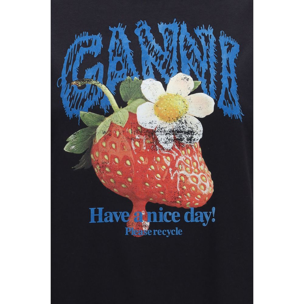 Ganni Black Cotton Strawberry & Egg Have a Nice Day T-Shirt