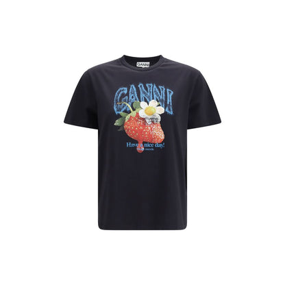 Ganni Black Cotton Strawberry & Egg Have a Nice Day T-Shirt
