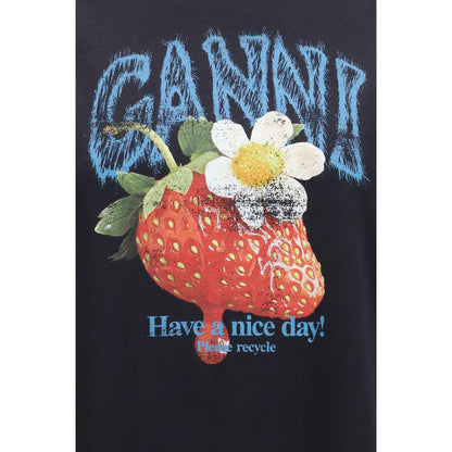Ganni Black Cotton Strawberry & Egg Have a Nice Day T-Shirt