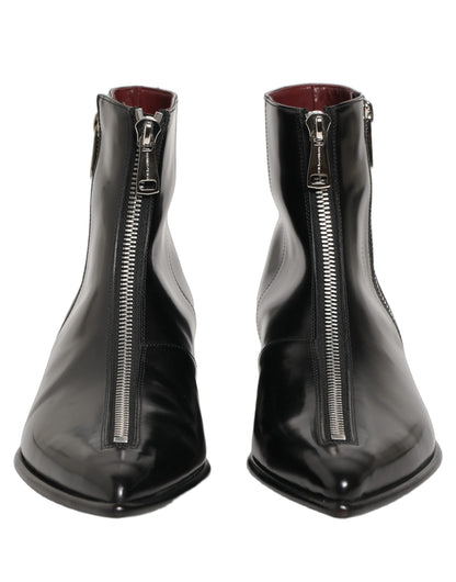 Dolce & Gabbana Black Leather Zipper Mid Calf Men Boots