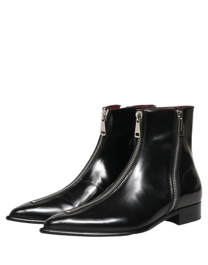 Dolce & Gabbana Black Leather Zipper Mid Calf Men Boots