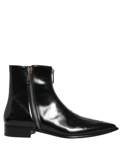 Dolce & Gabbana Black Leather Zipper Mid Calf Men Boots