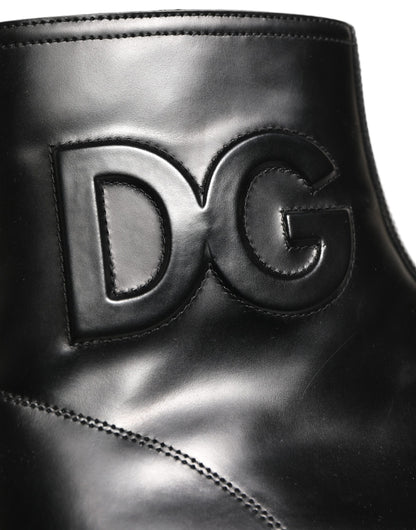 Dolce & Gabbana Black Leather Embossed Logo Ankle Boots