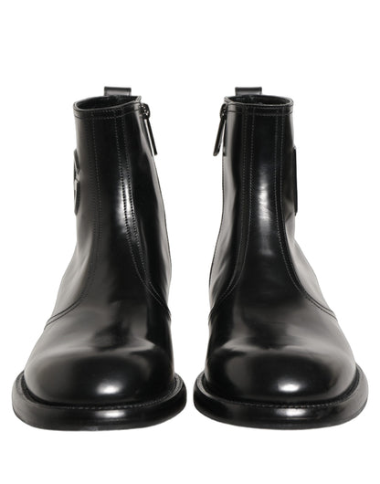 Dolce & Gabbana Black Leather Embossed Logo Ankle Boots