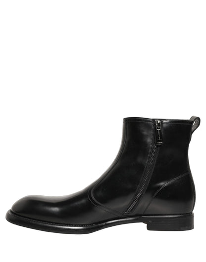 Dolce & Gabbana Black Leather Embossed Logo Ankle Boots