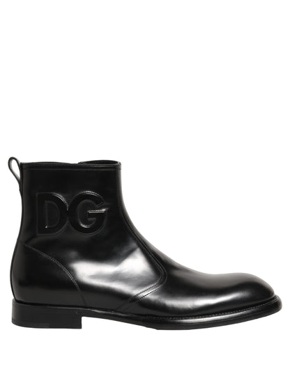 Dolce & Gabbana Black Leather Embossed Logo Ankle Boots