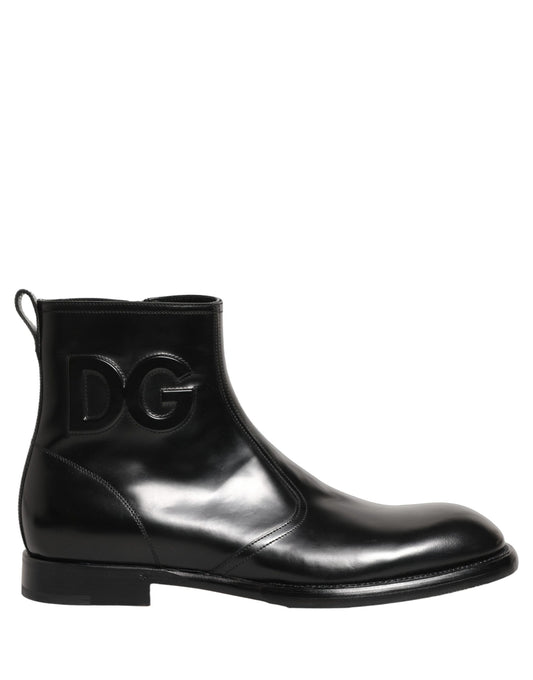 Dolce & Gabbana Black Leather Embossed Logo Ankle Boots