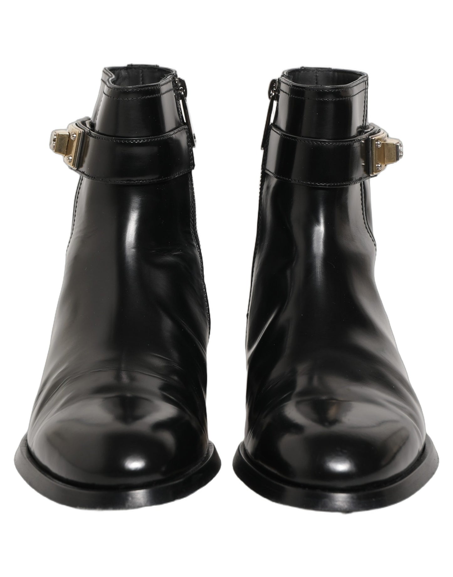 Dolce & Gabbana Black Leather Logo Buckle Mid Calf Boots
