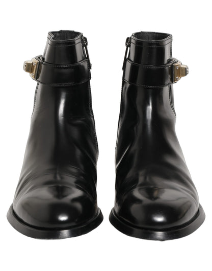 Dolce & Gabbana Black Leather Logo Buckle Mid Calf Boots